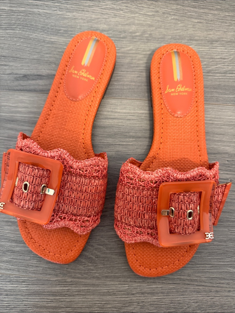 Sam Edelman Orange Raffia Slide Sandals with Buckle